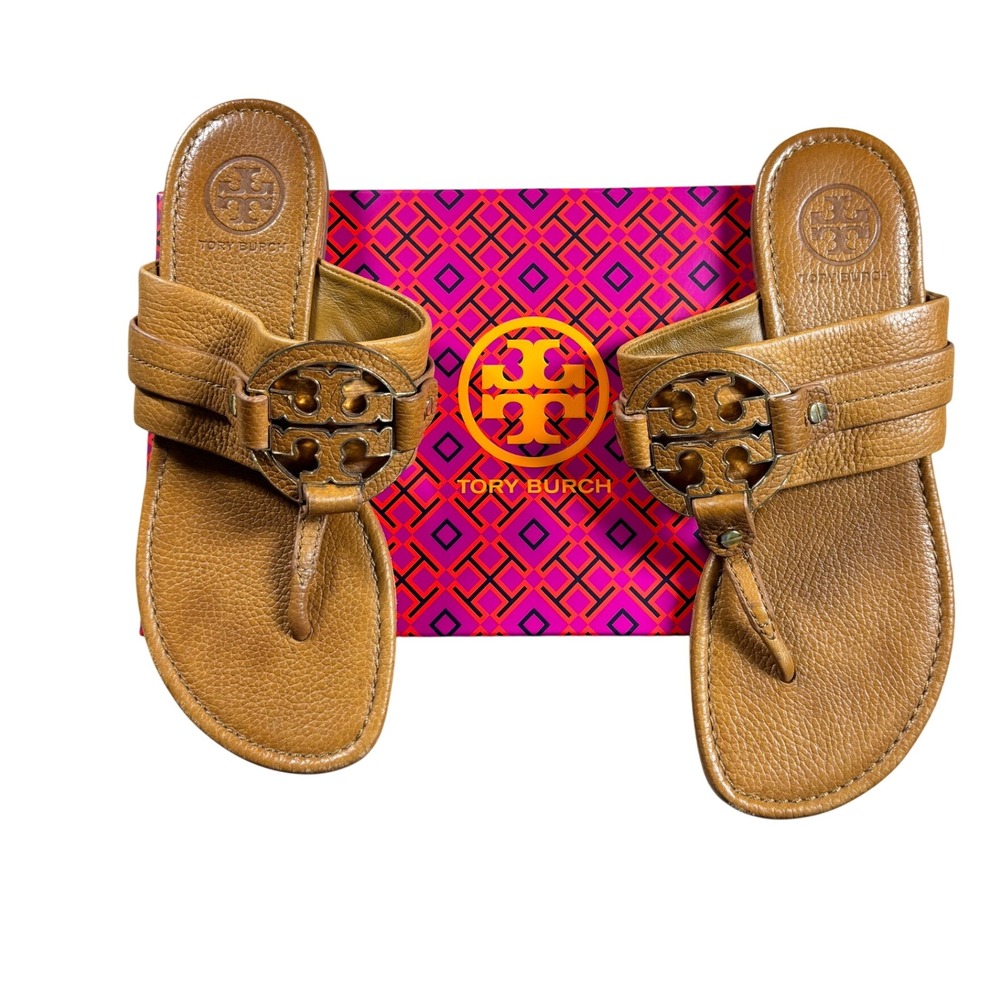 Tory Burch Miller Sandals Miele Tan Pebbled Calf Leather Thong Flat 90582 Size 8